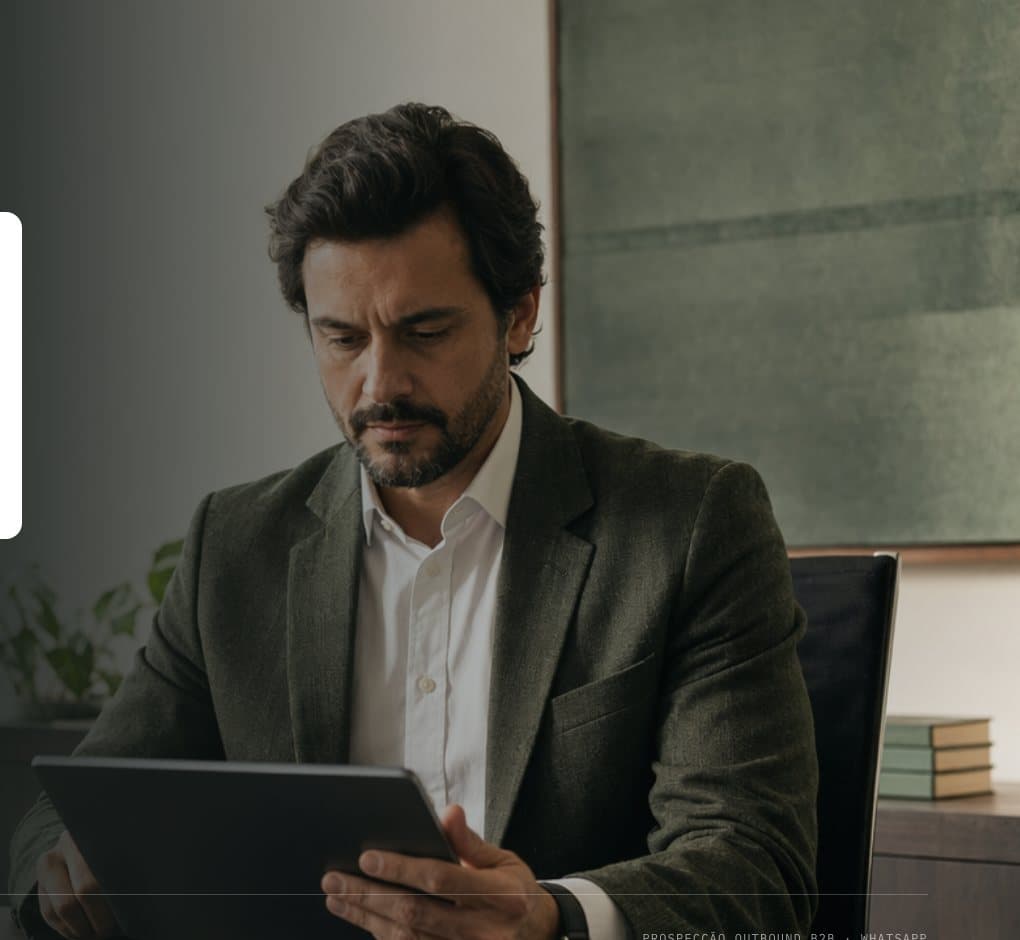 Um vendedor lê no tablet o histórico da conversa antes da reunião.